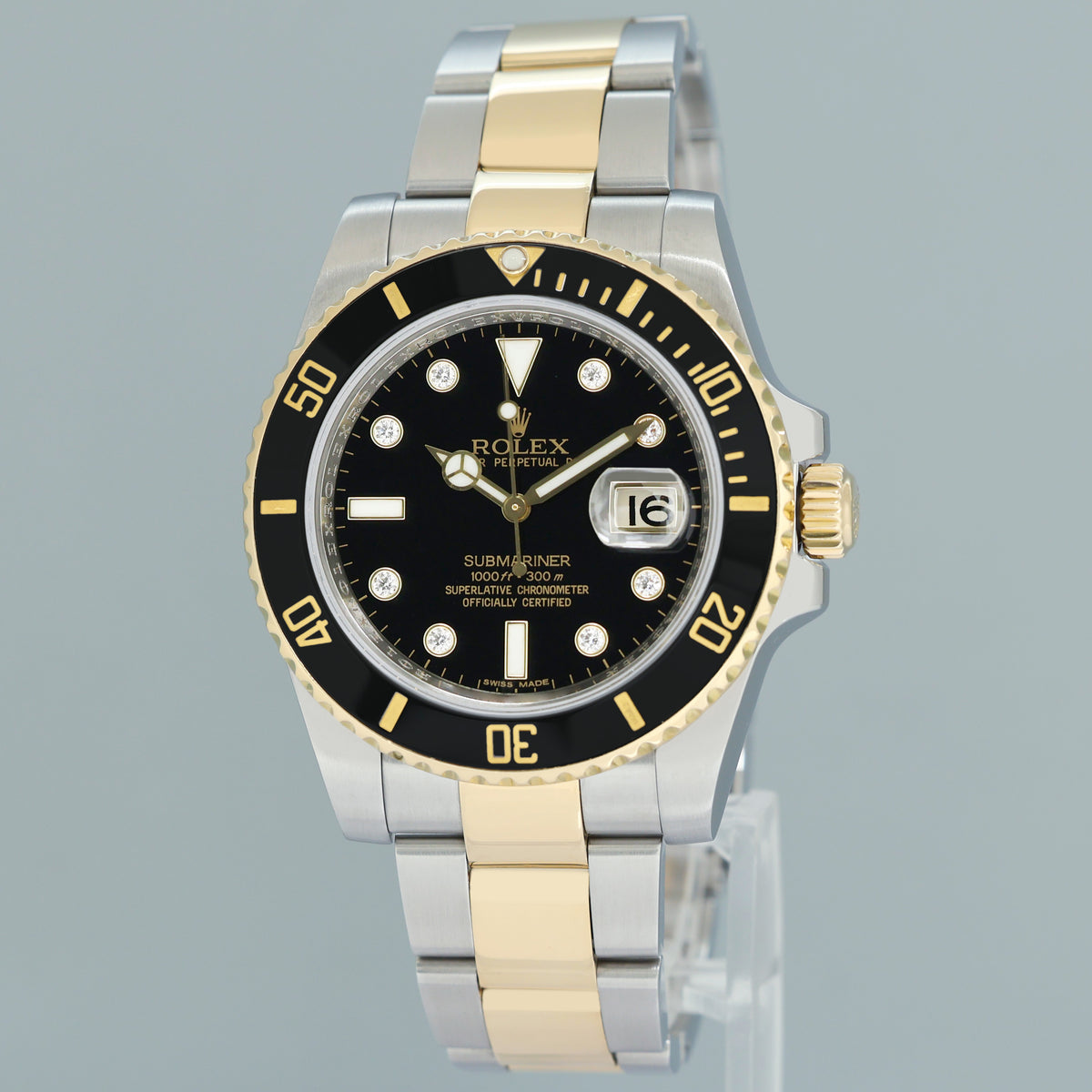 MINT Rolex Submariner 116613LN Two Tone Steel Yellow Gold Black Diamond Serti Watch