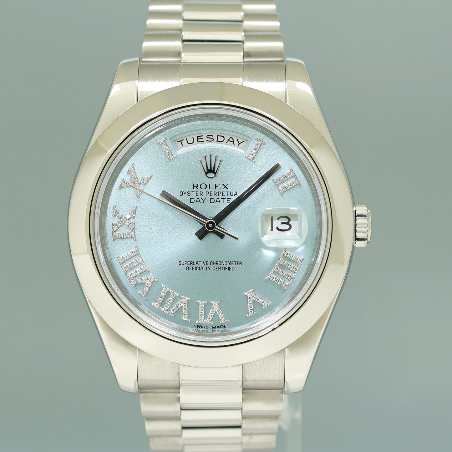 PAPERS MINT Rolex Day-Date 41mm Blue Diamond Roman Platinum President 218206 Watch