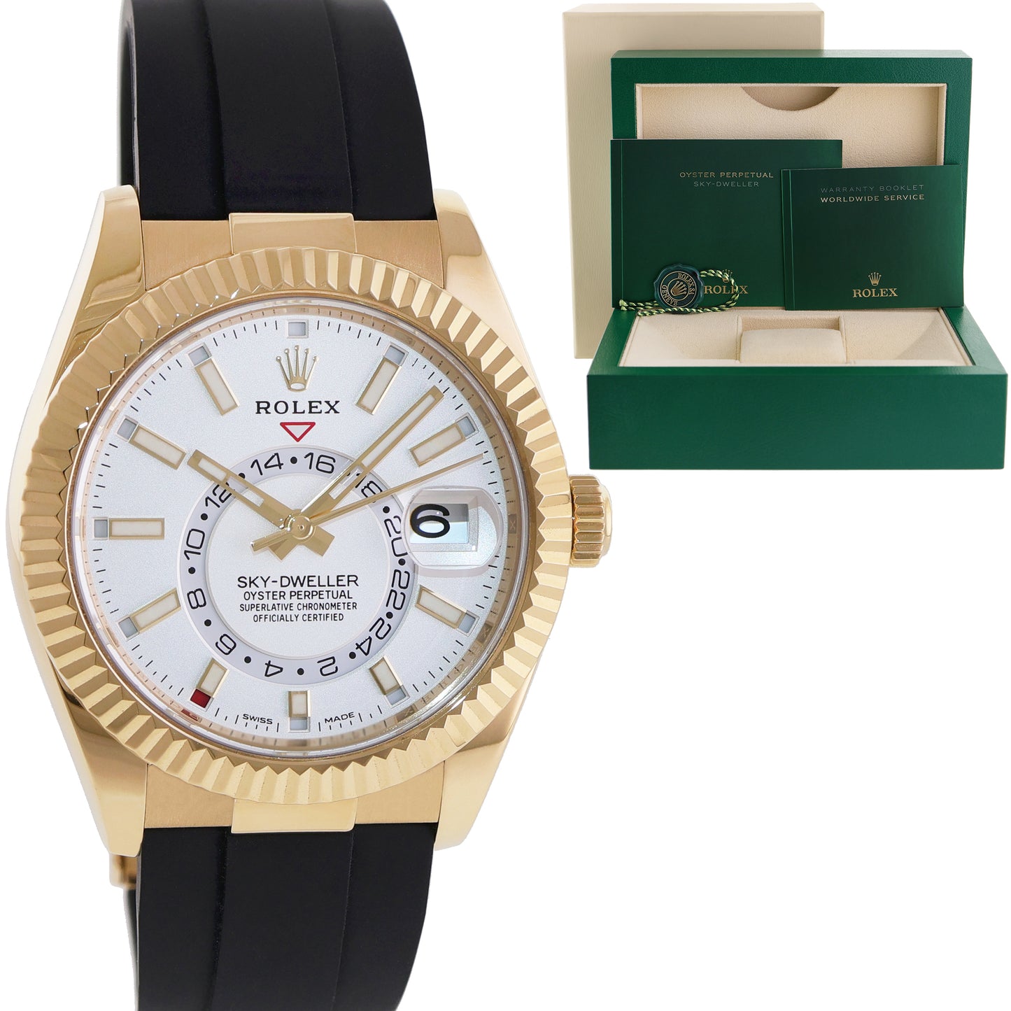 NEW 2023 Rolex Sky-Dweller Yellow Gold White Dial Oysterflex 326238 Watch Box