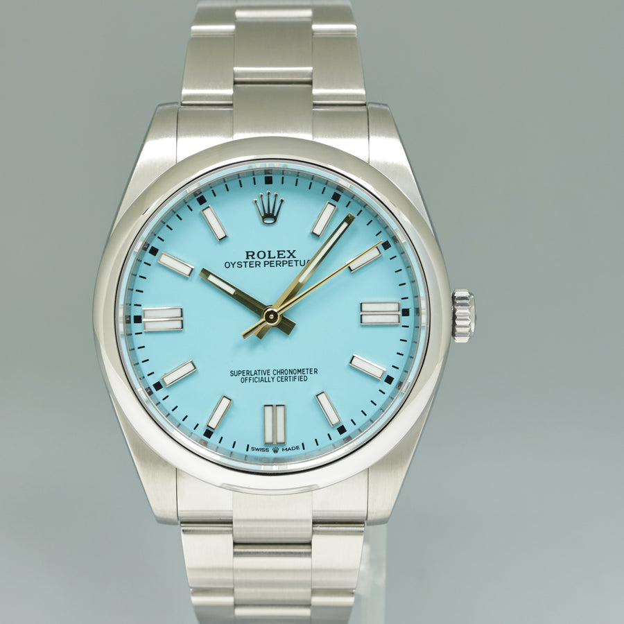 2023 PAPERS Rolex Oyster Perpetual 41mm Blue Custom Tiffany Oyster 124300 Watch Box