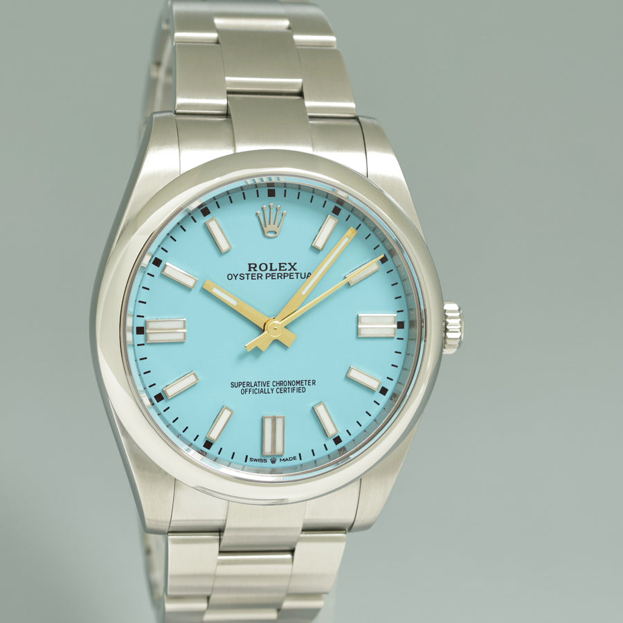 2023 PAPERS Rolex Oyster Perpetual 41mm Blue Custom Tiffany Oyster 124300 Watch Box