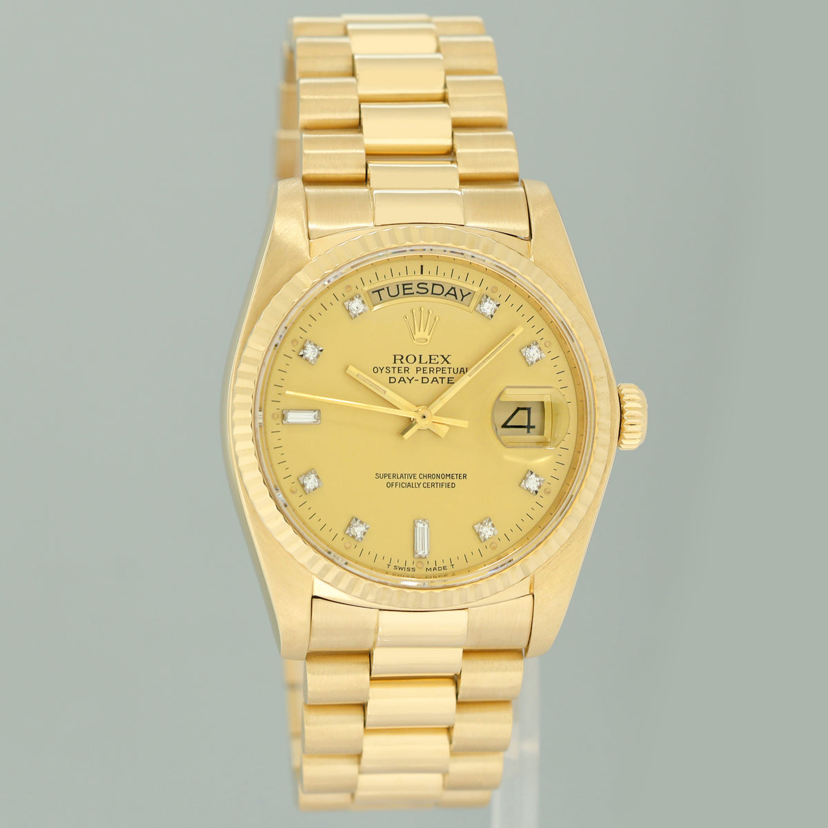 MINT Rolex 18038 President Day Date Yellow Gold Champagne Diamond Quickset Watch