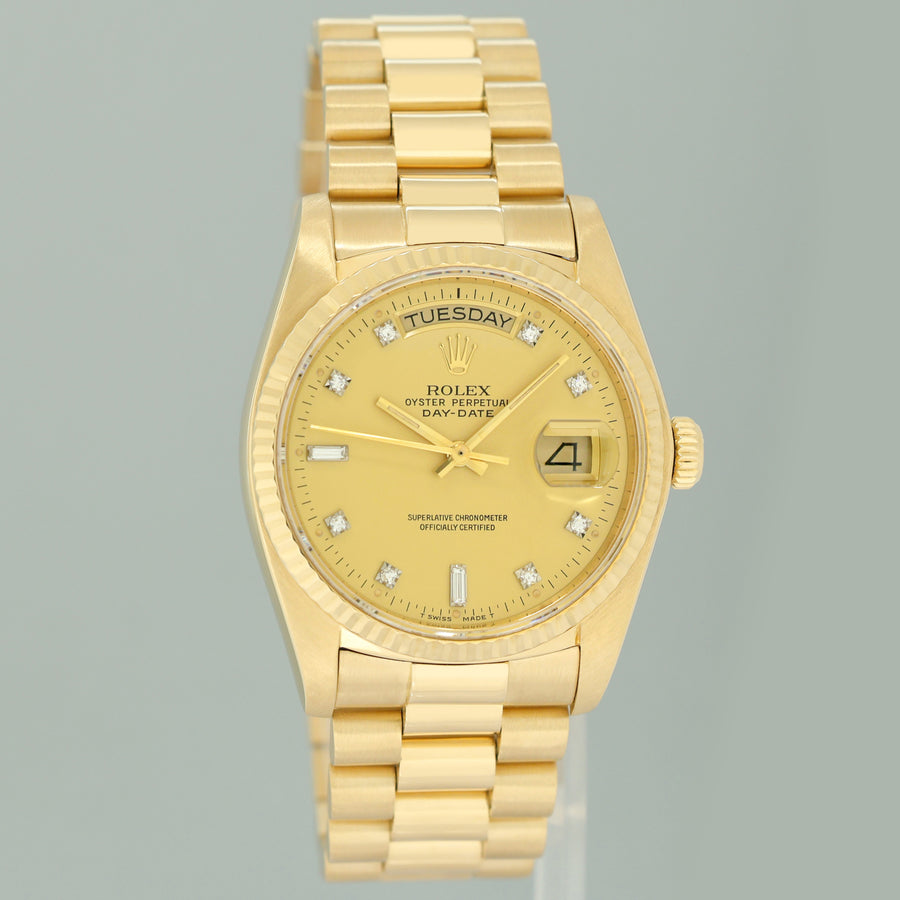 MINT Rolex 18038 President Day Date Yellow Gold Champagne Diamond Quickset Watch
