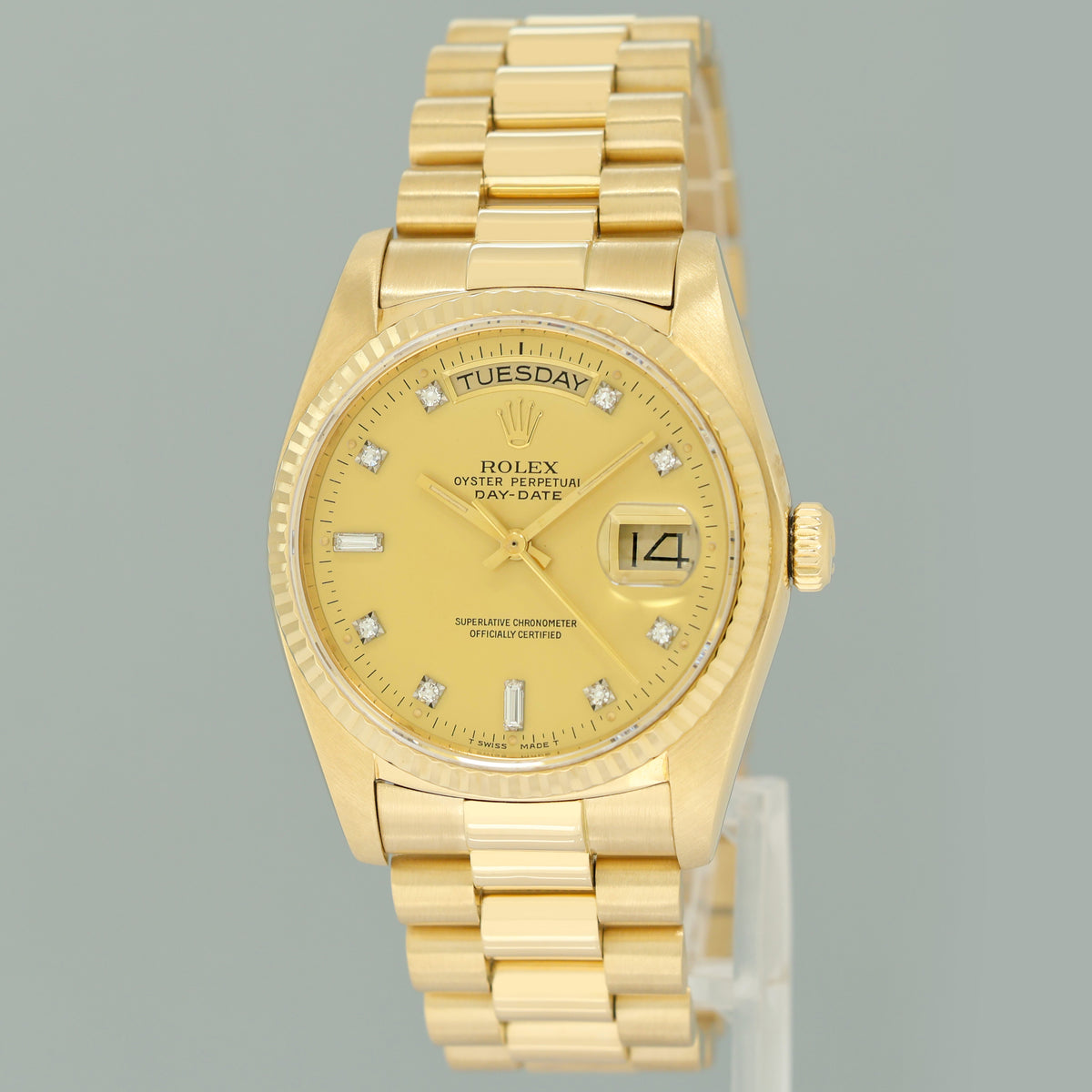 MINT Rolex 18038 President Day Date Yellow Gold Champagne Diamond Quickset Watch