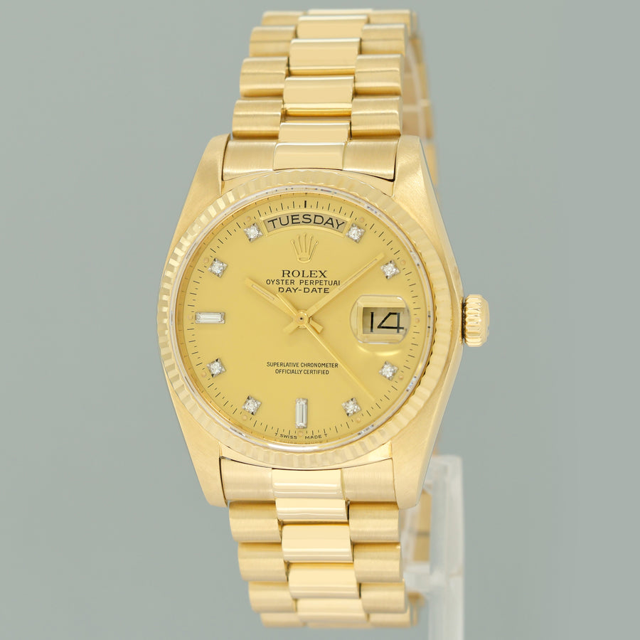 MINT Rolex 18038 President Day Date Yellow Gold Champagne Diamond Quickset Watch