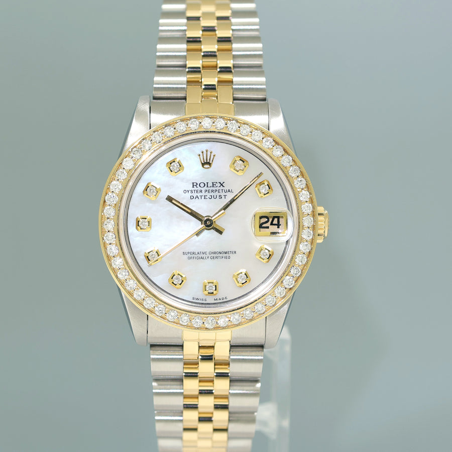Ladies Rolex 68273 Two Tone 18k Gold Steel 31mm Pearl Diamond Dial Bezel Watch