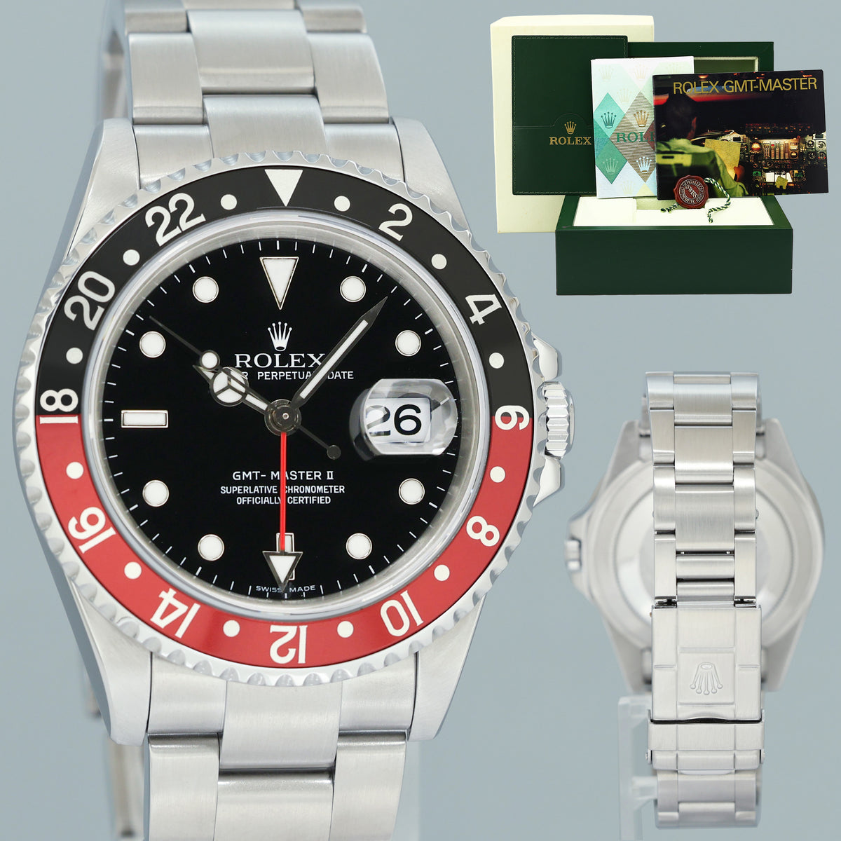 2005 PAPERS MINT Rolex 16710 GMT-Master II Coke Error Stick Red Black Steel 40mm Watch Box