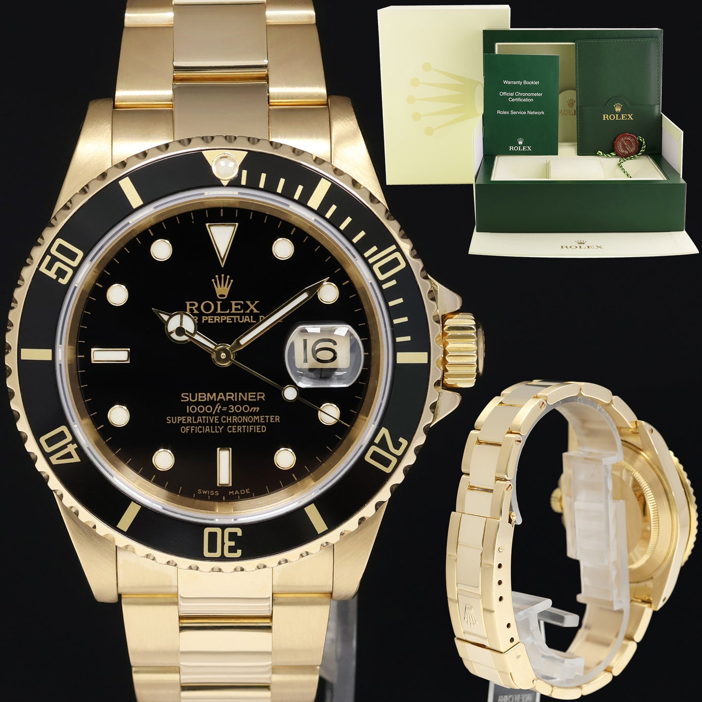 2001 MINT Rolex 16618 Submariner Yellow Gold Black Dial 40mm Watch Box