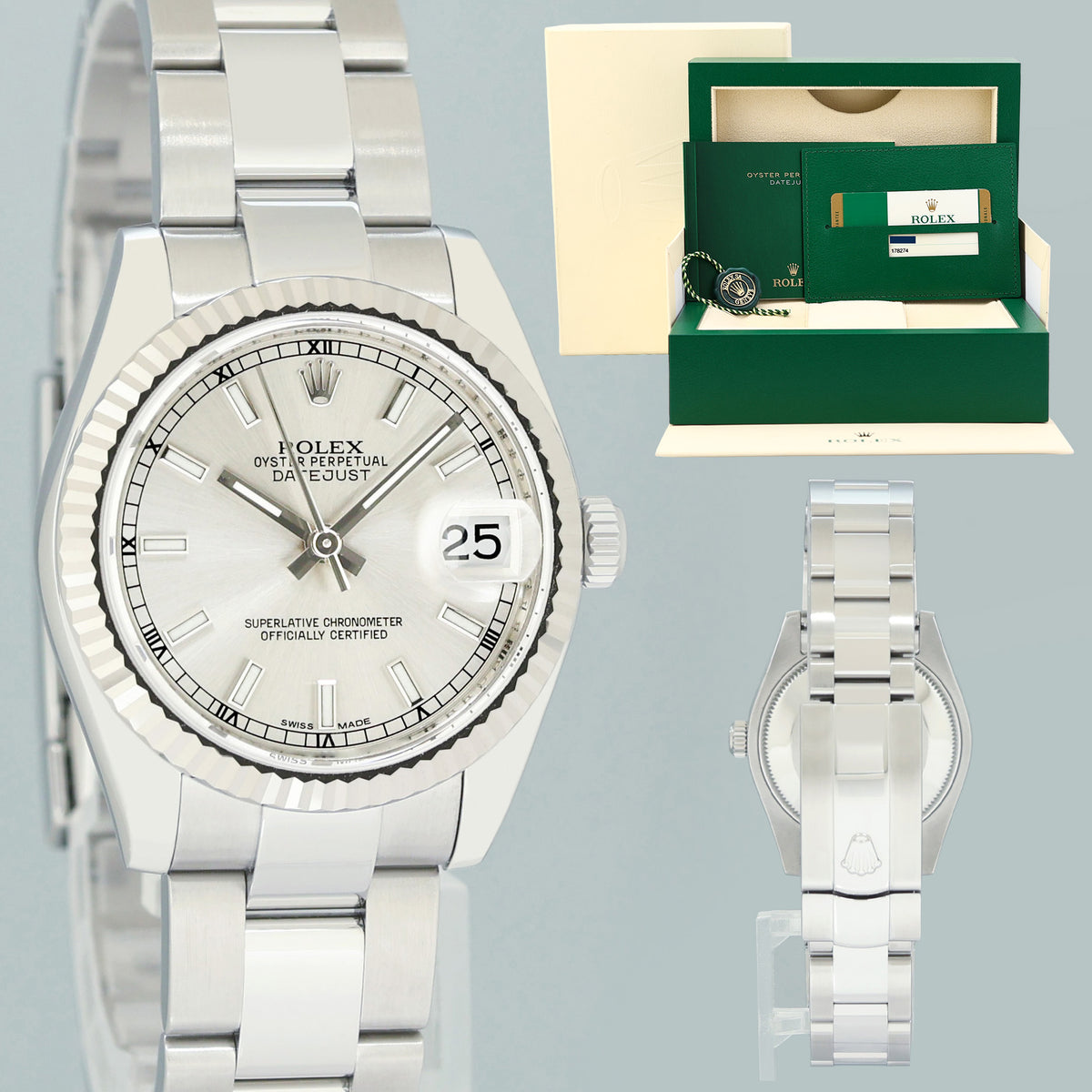 2019 PAPERS MINT Ladies Rolex DateJust Midsize 31mm Rhodium Roman 178274 Watch Box