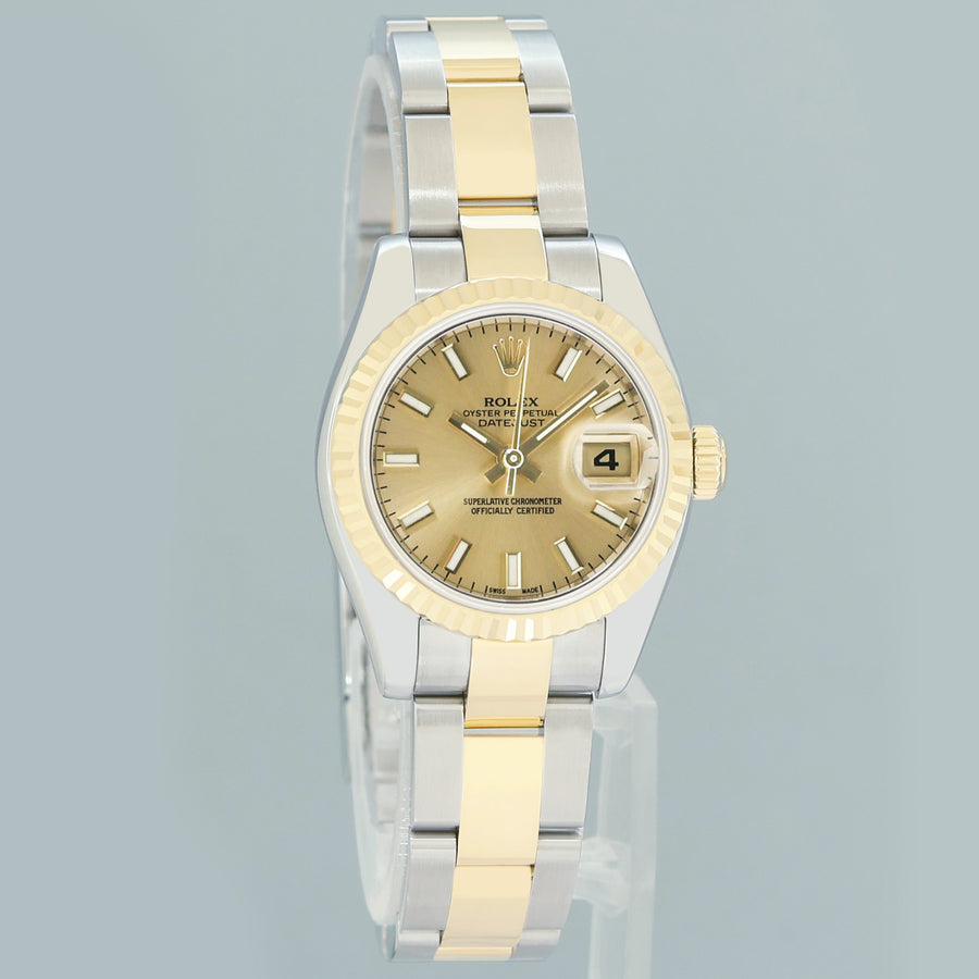 MINT PAPERS Ladies Rolex DateJust 179173 Champagne Stick 26mm Two-Tone Oyster Watch Box