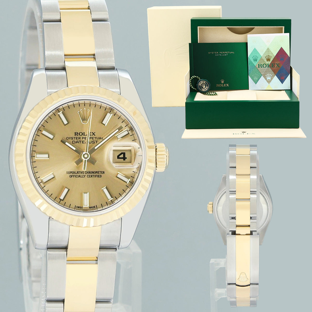 MINT PAPERS Ladies Rolex DateJust 179173 Champagne Stick 26mm Two-Tone Oyster Watch Box
