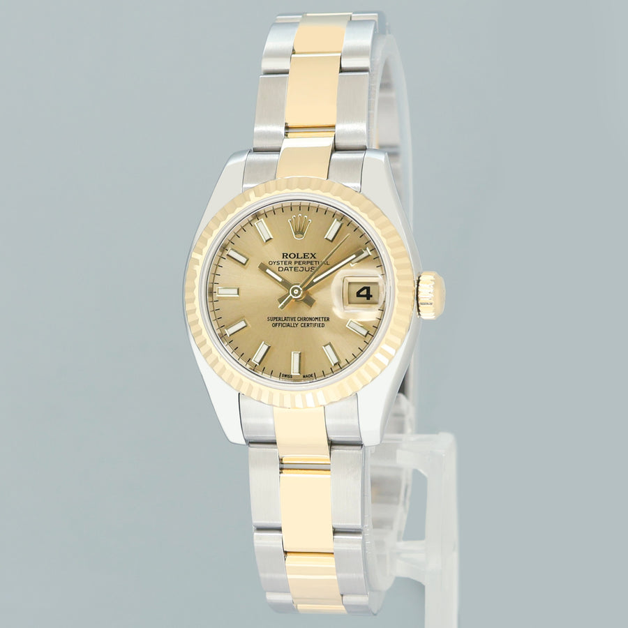 MINT PAPERS Ladies Rolex DateJust 179173 Champagne Stick 26mm Two-Tone Oyster Watch Box