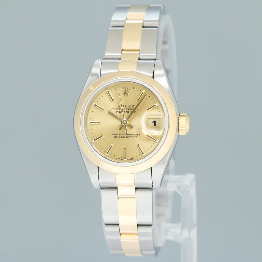 MINT Ladies Rolex DateJust 26mm 69163 Two Tone Yellow Gold Oyster Champagne Dial Watch Box