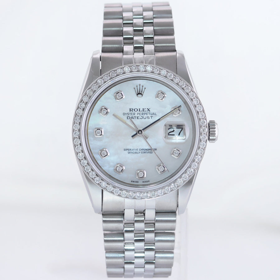 MINT DIAMOND Bezel Rolex DateJust 36mm Mother of Pearl 16014 Steel Watch Box