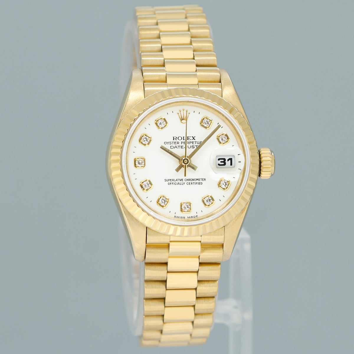 MINT 69178 White Diamond Ladies Rolex DateJust President 26mm Yellow Gold Watch