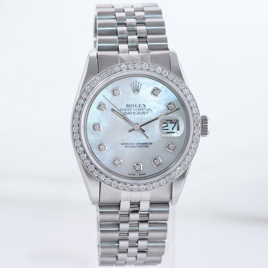 MINT DIAMOND Bezel Rolex DateJust 36mm Mother of Pearl 16014 Steel Watch Box