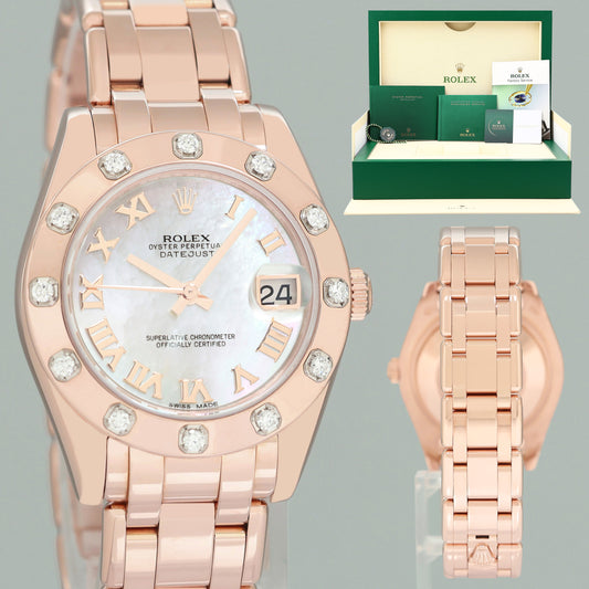2026 Papers RSC MINT Rolex Pearlmaster MOP Mother of Pearl Roman 80315 Rose Gold Diamond 29mm Watch