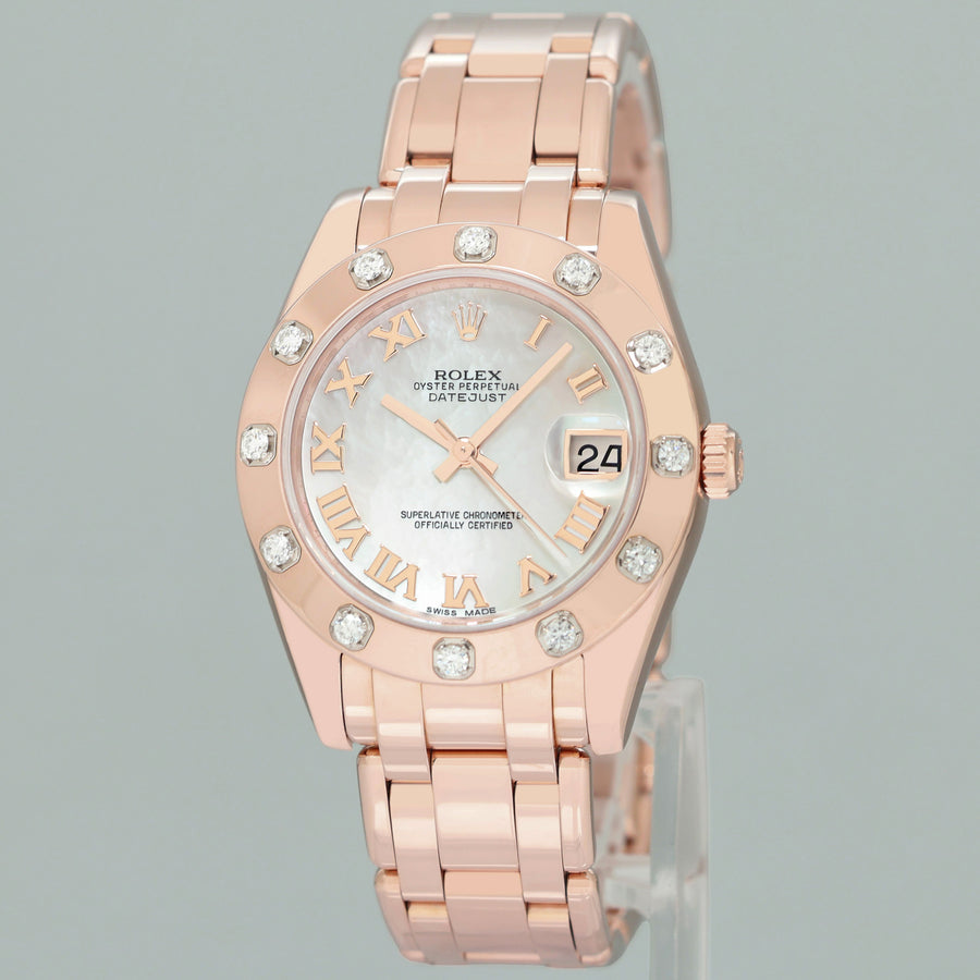 2026 Papers RSC MINT Rolex Pearlmaster MOP Mother of Pearl Roman 80315 Rose Gold Diamond 29mm Watch