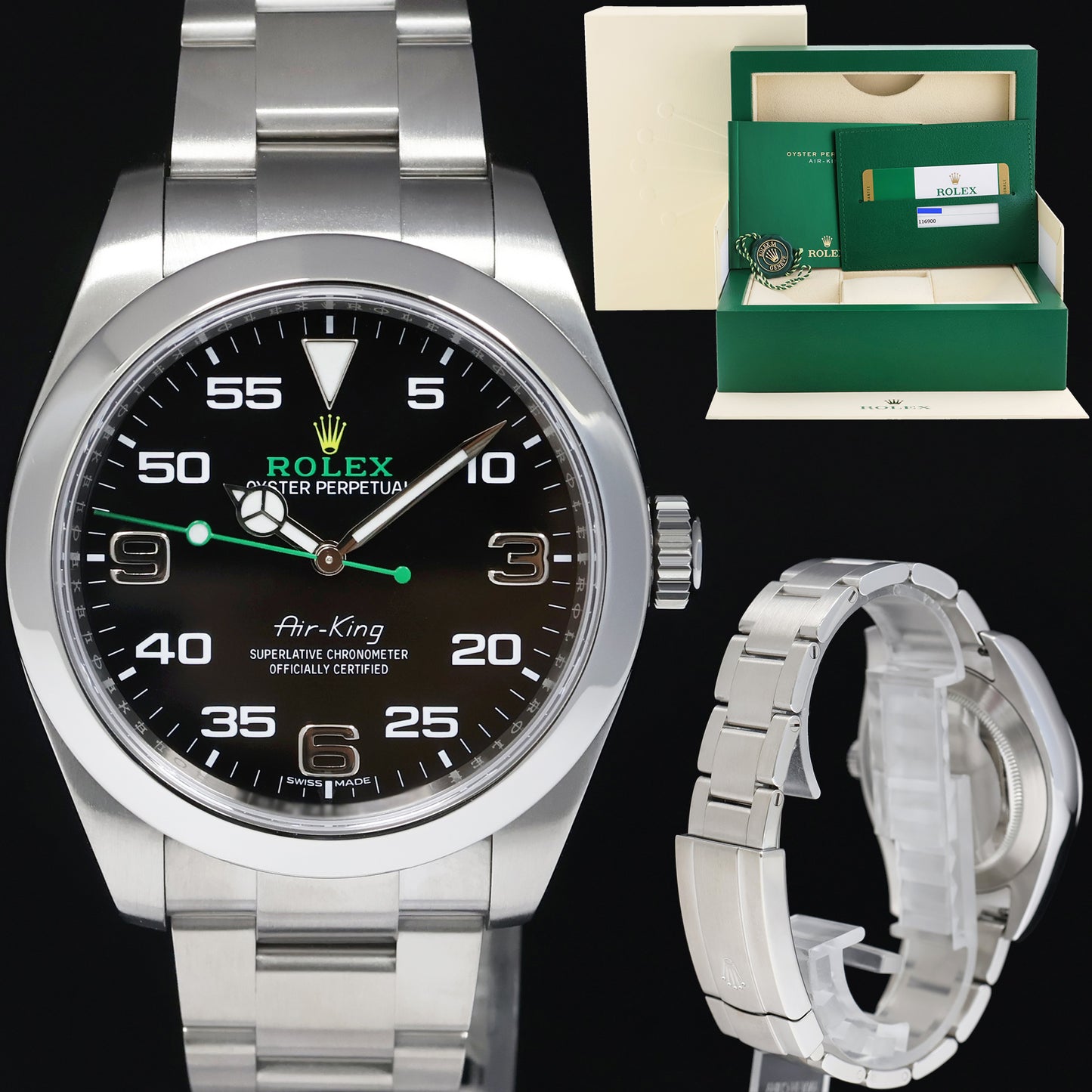 MINT 2018 PAPERS Rolex Air King 116900 Black Arabic Dial 40mm Steel Green Watch Box