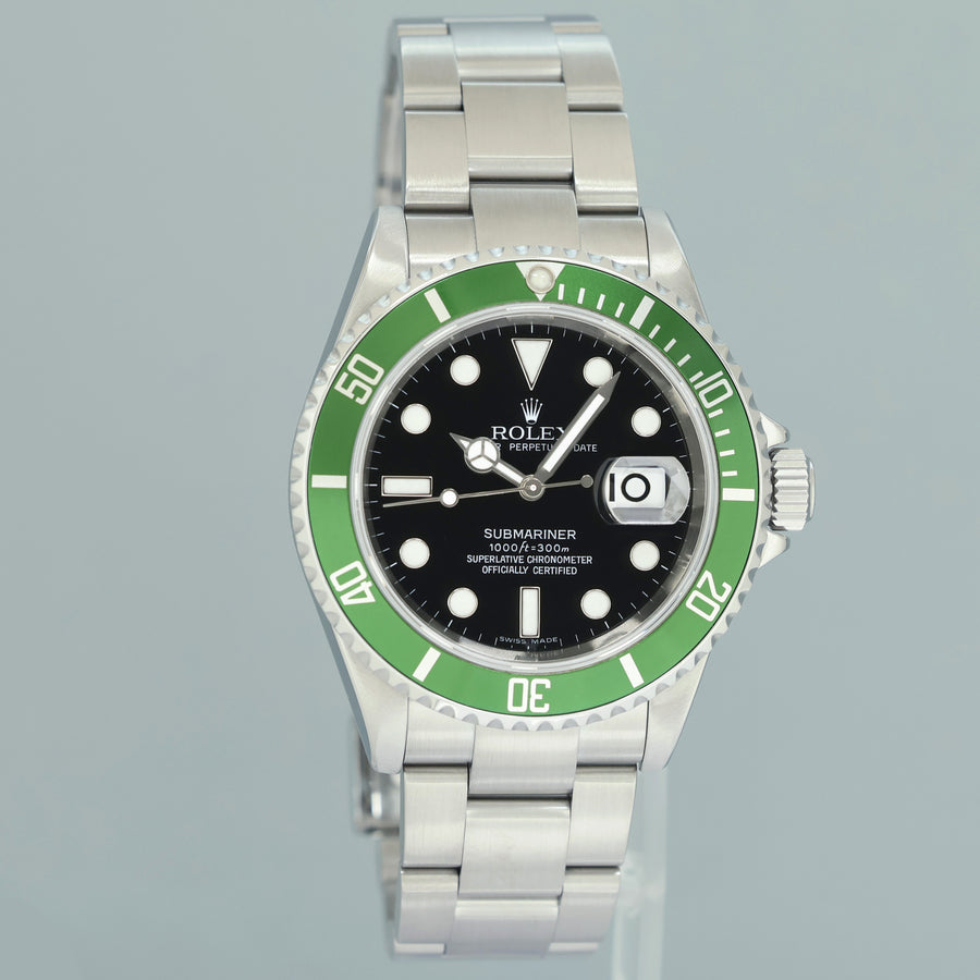 PAPERS MINT 2007 Rolex Kermit Green Anniversary 40mm Submariner 16610LV Watch Box