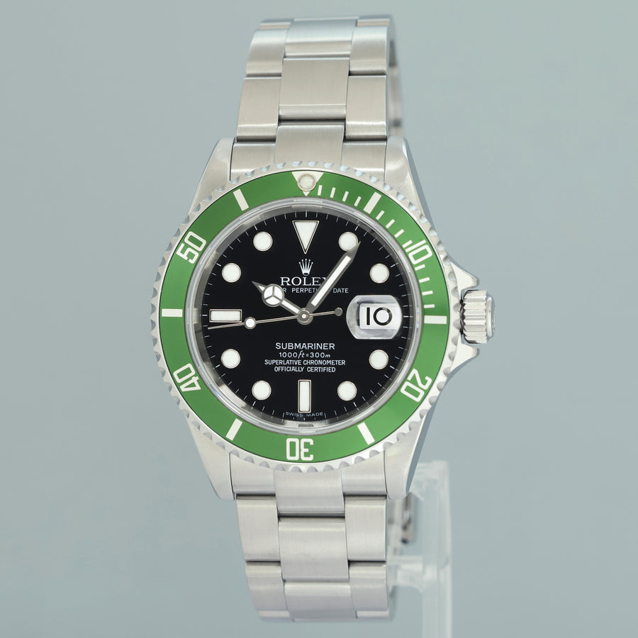 PAPERS MINT 2007 Rolex Kermit Green Anniversary 40mm Submariner 16610LV Watch Box
