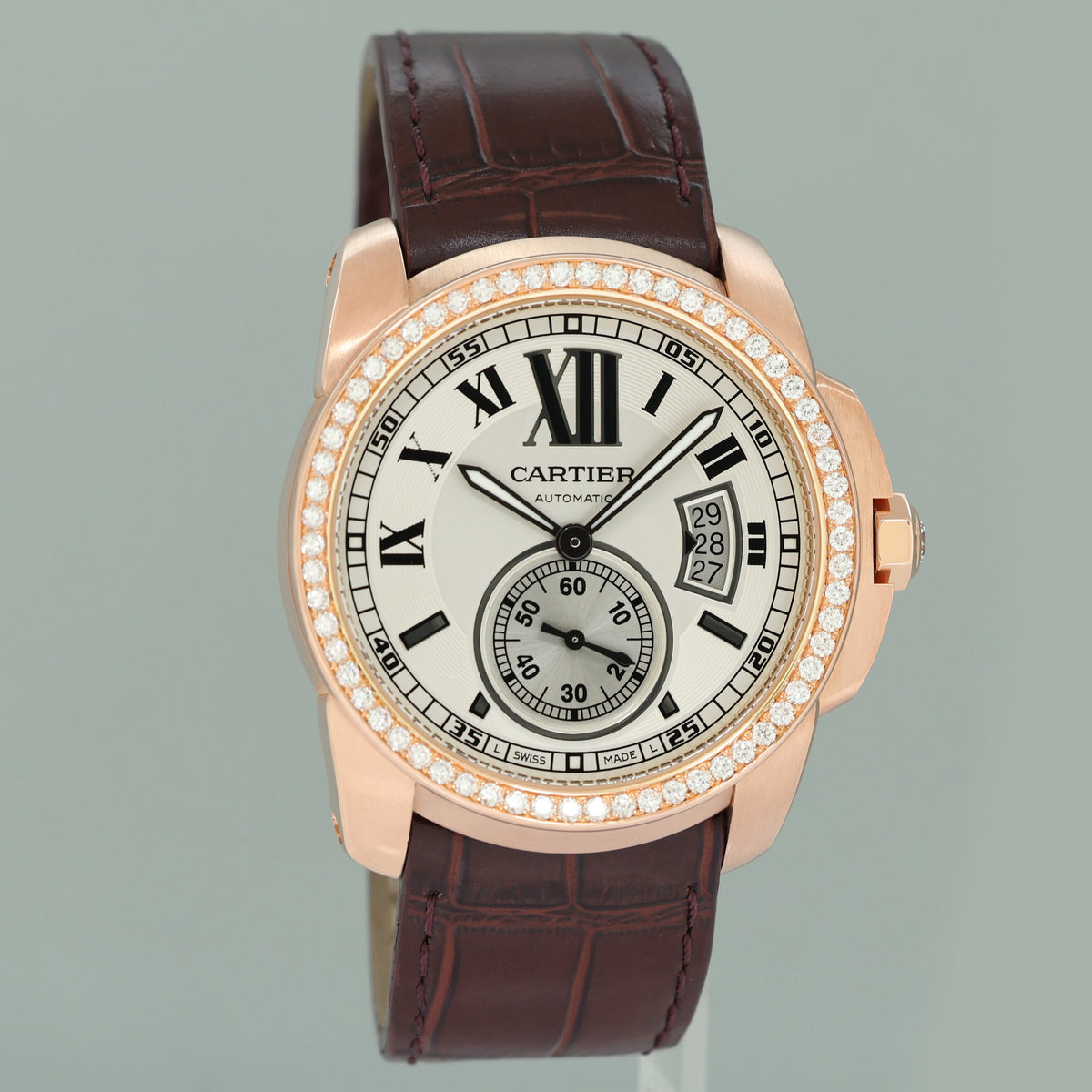MINT Cartier Calibre de Cartier 42 Silver Dial Rose Gold Diamond Mens Watch WF100005 Box