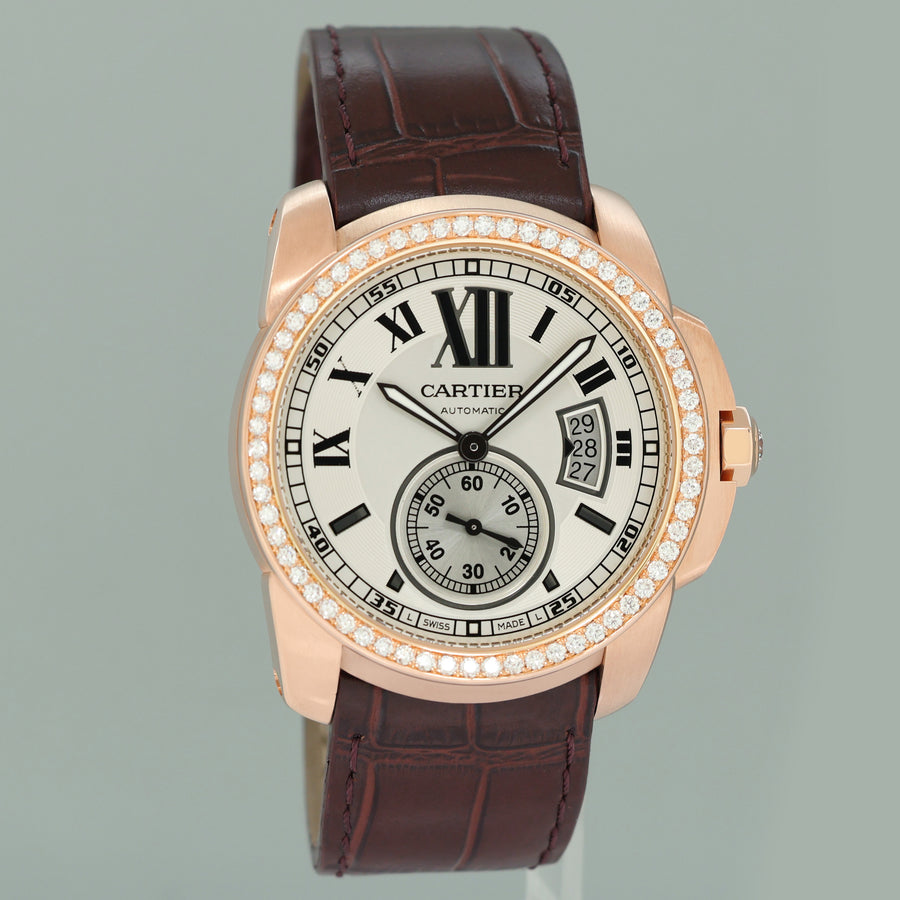MINT Cartier Calibre de Cartier 42 Silver Dial Rose Gold Diamond Mens Watch WF100005 Box
