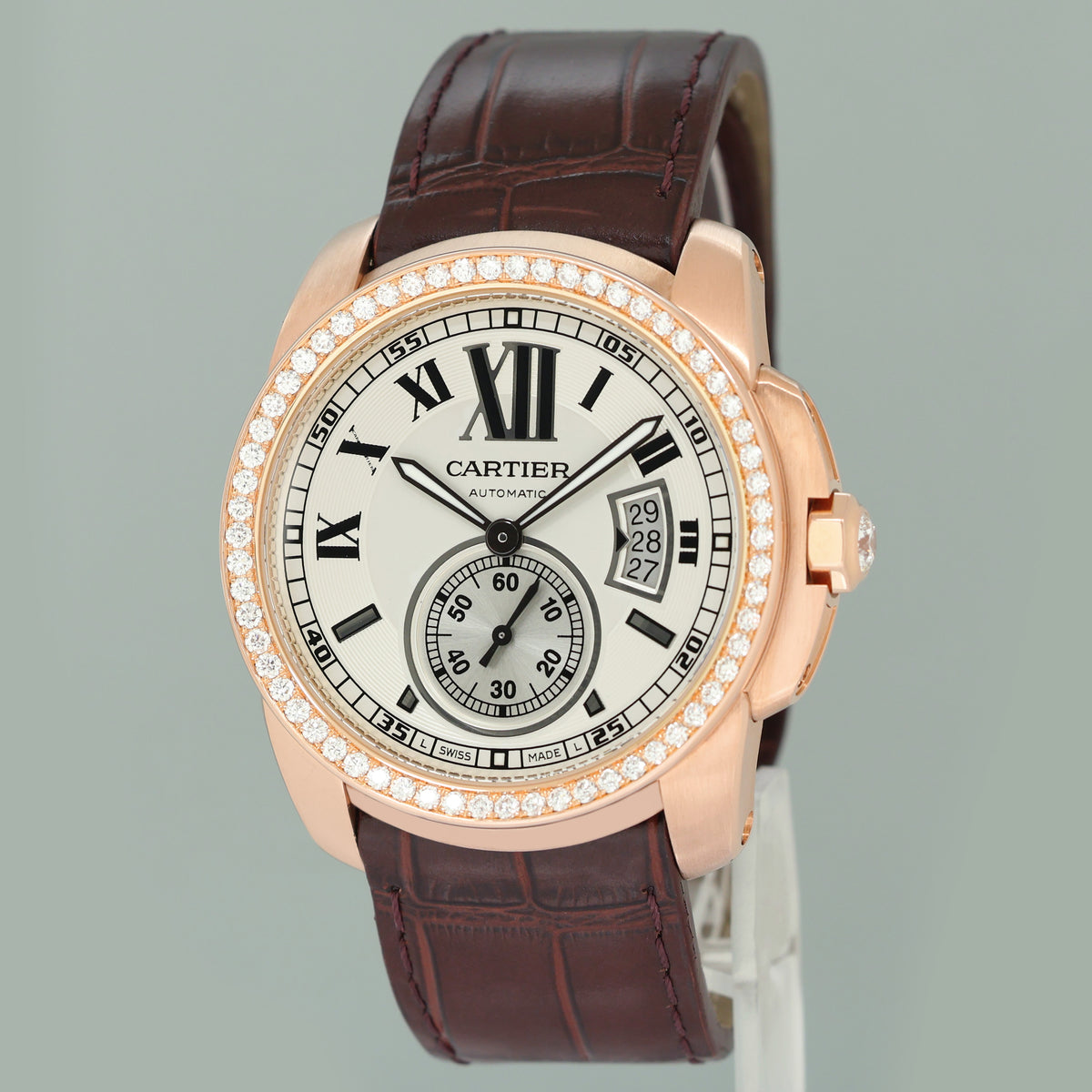 MINT Cartier Calibre de Cartier 42 Silver Dial Rose Gold Diamond Mens Watch WF100005 Box