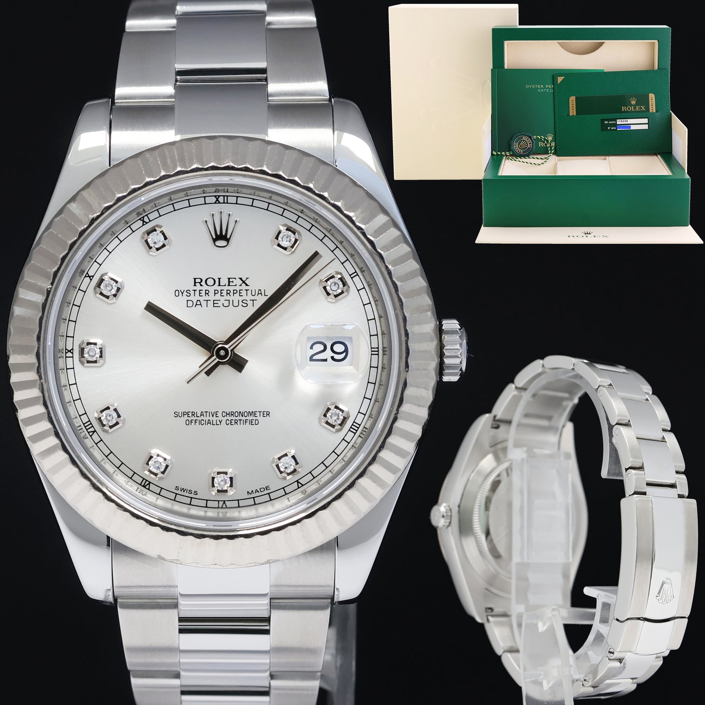 2016 MINT Rolex Datejust 2 41mm Silver Diamond 116334 White Gold Fluted Watch Box