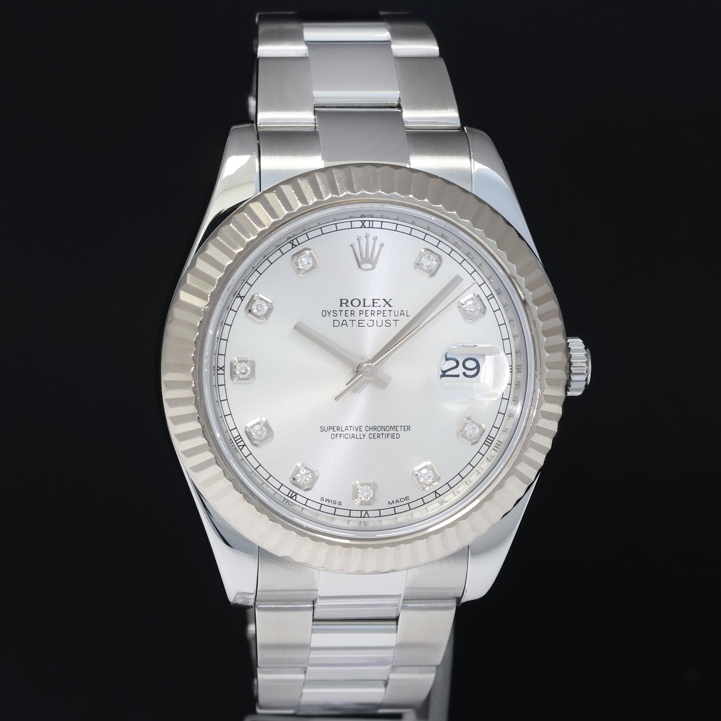 2016 MINT Rolex Datejust 2 41mm Silver Diamond 116334 White Gold Fluted Watch Box