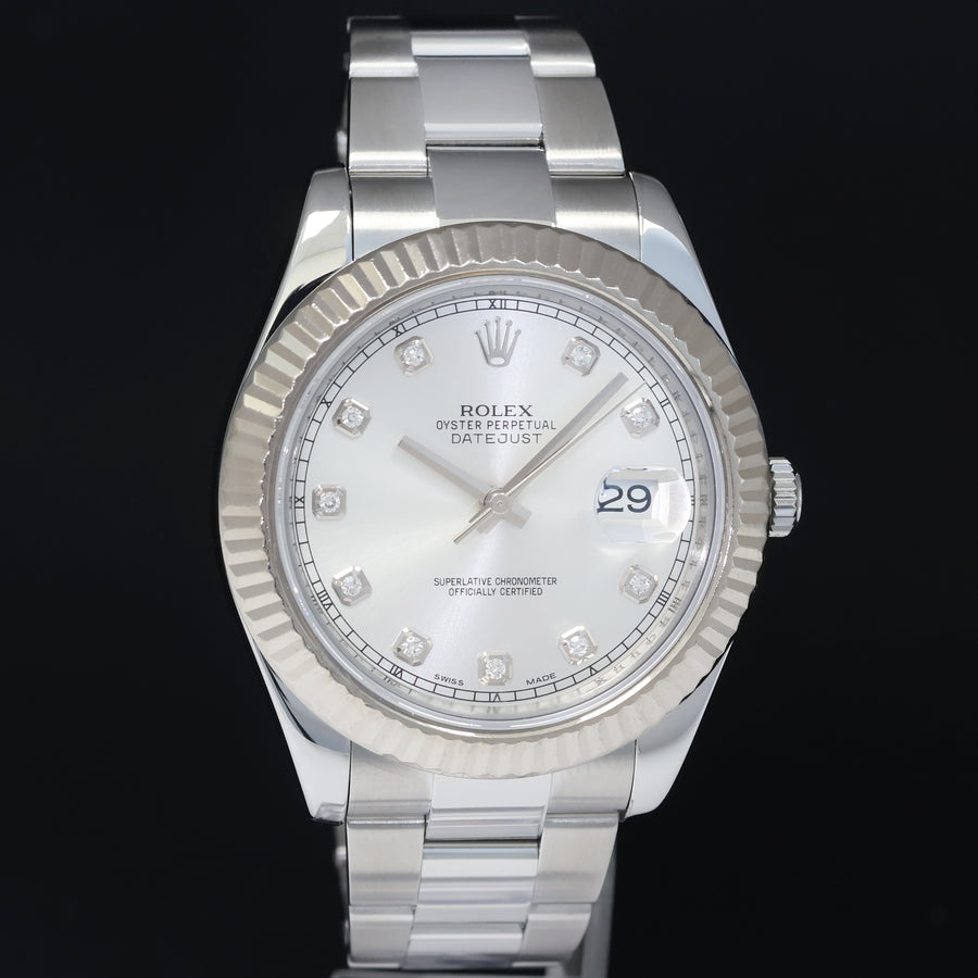 2016 MINT Rolex Datejust 2 41mm Silver Diamond 116334 White Gold Fluted Watch Box
