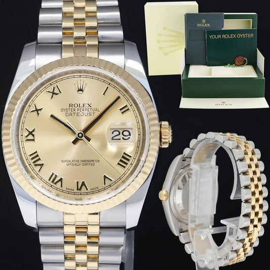 2014 MINT Rolex DateJust Jubilee Two Tone Gold Champagne Roman 36mm 116233 Watch
