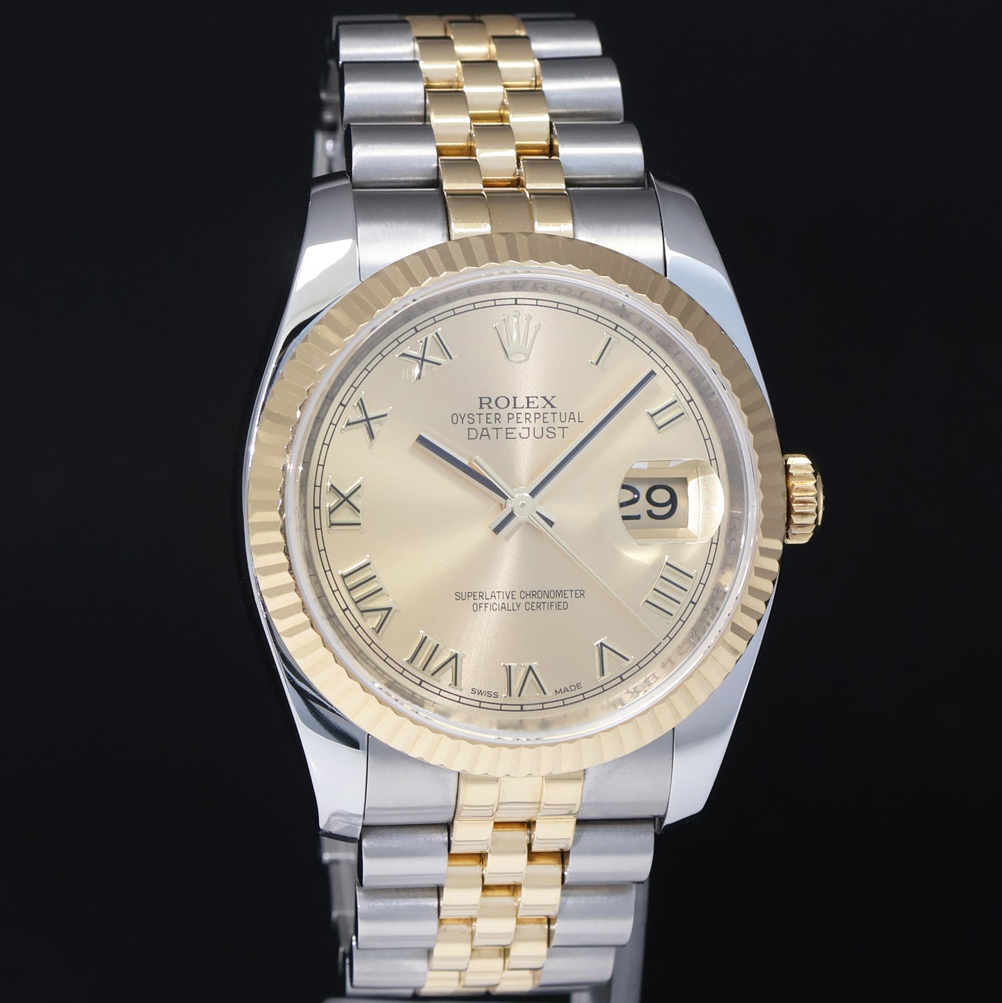 2014 MINT Rolex DateJust Jubilee Two Tone Gold Champagne Roman 36mm 116233 Watch
