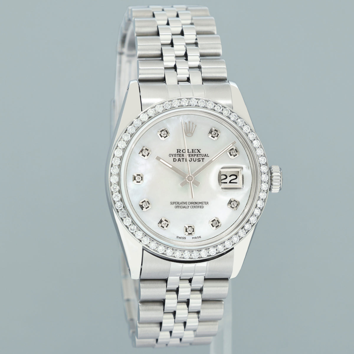 MINT DIAMOND Bezel Rolex DateJust 36mm Mother of Pearl 16014 Steel Jubilee Watch Box