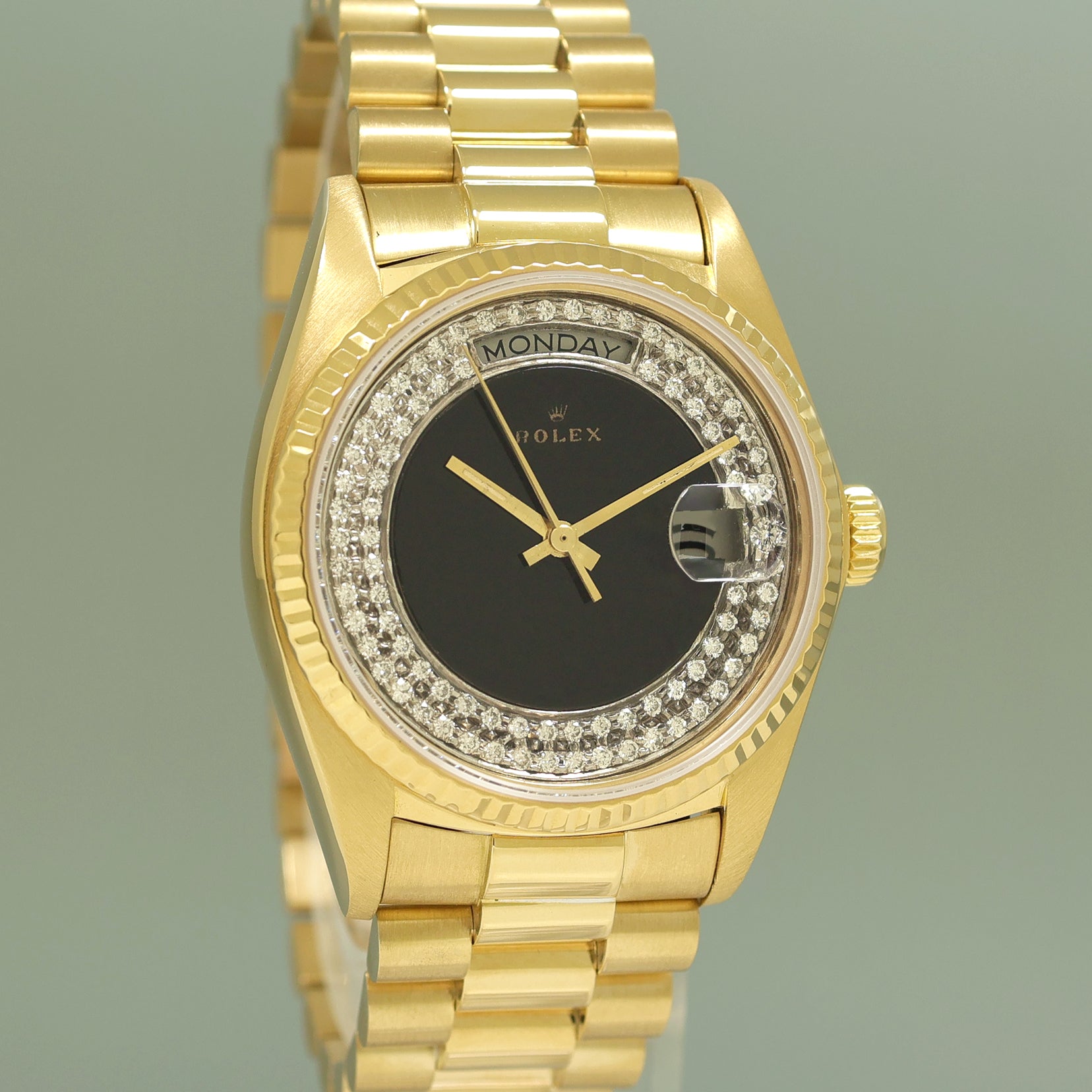 Rolex 36mm President Day Date Black Onyx Diamond 18038 Quick Set Gold 36mm Watch