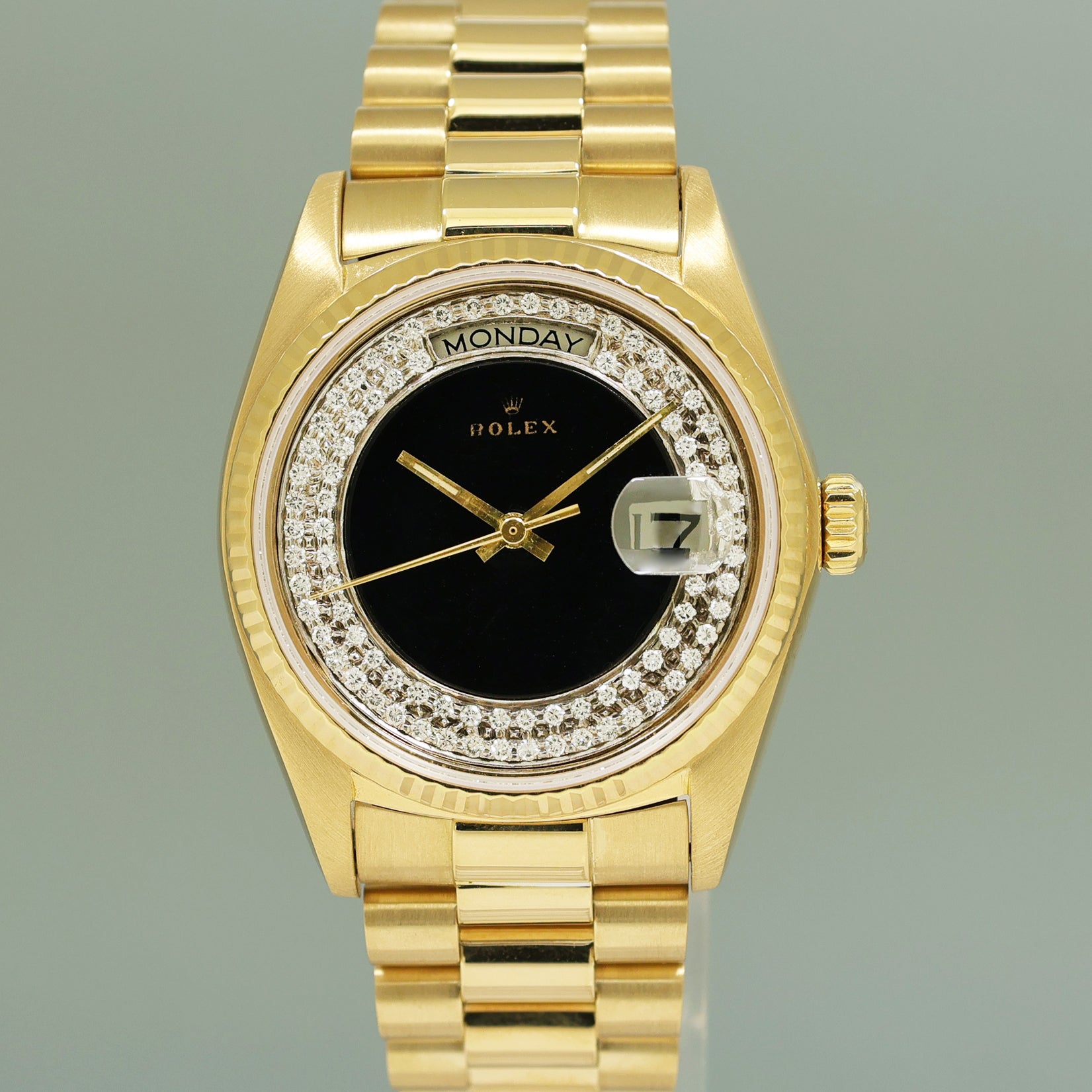 Rolex 36mm President Day Date Black Onyx Diamond 18038 Quick Set Gold 36mm Watch