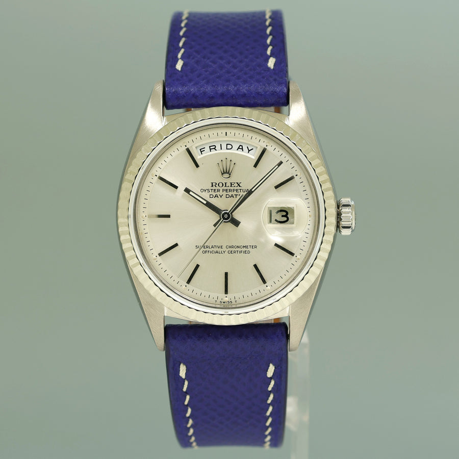 Rolex Day-Date President Pie Pan Silver Stick 36mm 1803 White Gold Leather Watch Box