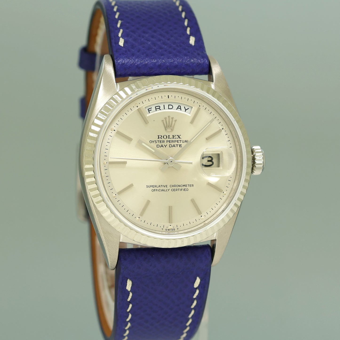 Rolex Day-Date President Pie Pan Silver Stick 36mm 1803 White Gold Leather Watch Box