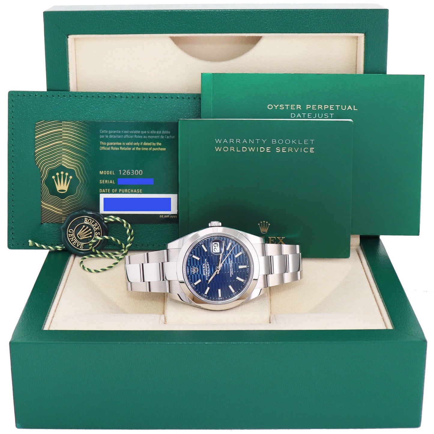 APRIL 2023 NEW PAPERS Rolex DateJust 41 Steel 126300 Blue Motif Oyster Watch Box