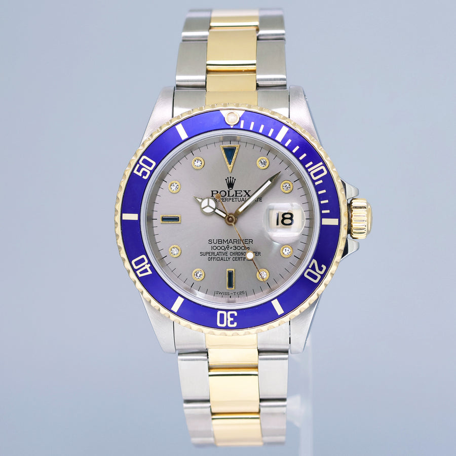 MINT Rolex Submariner 16613 Two Tone Yellow Gold Silver Serti Diamond Watch Box