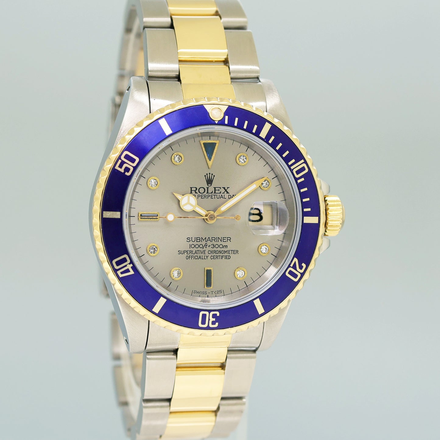MINT Rolex Submariner 16613 Two Tone Yellow Gold Silver Serti Diamond Watch Box
