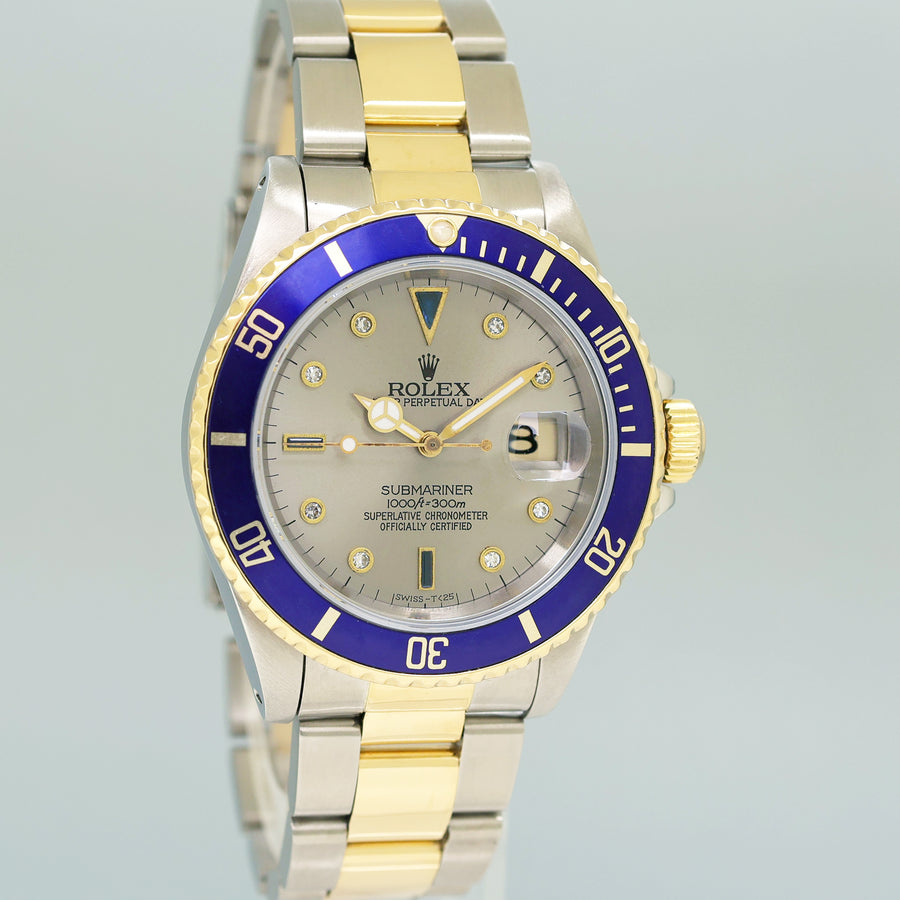 MINT Rolex Submariner 16613 Two Tone Yellow Gold Silver Serti Diamond Watch Box