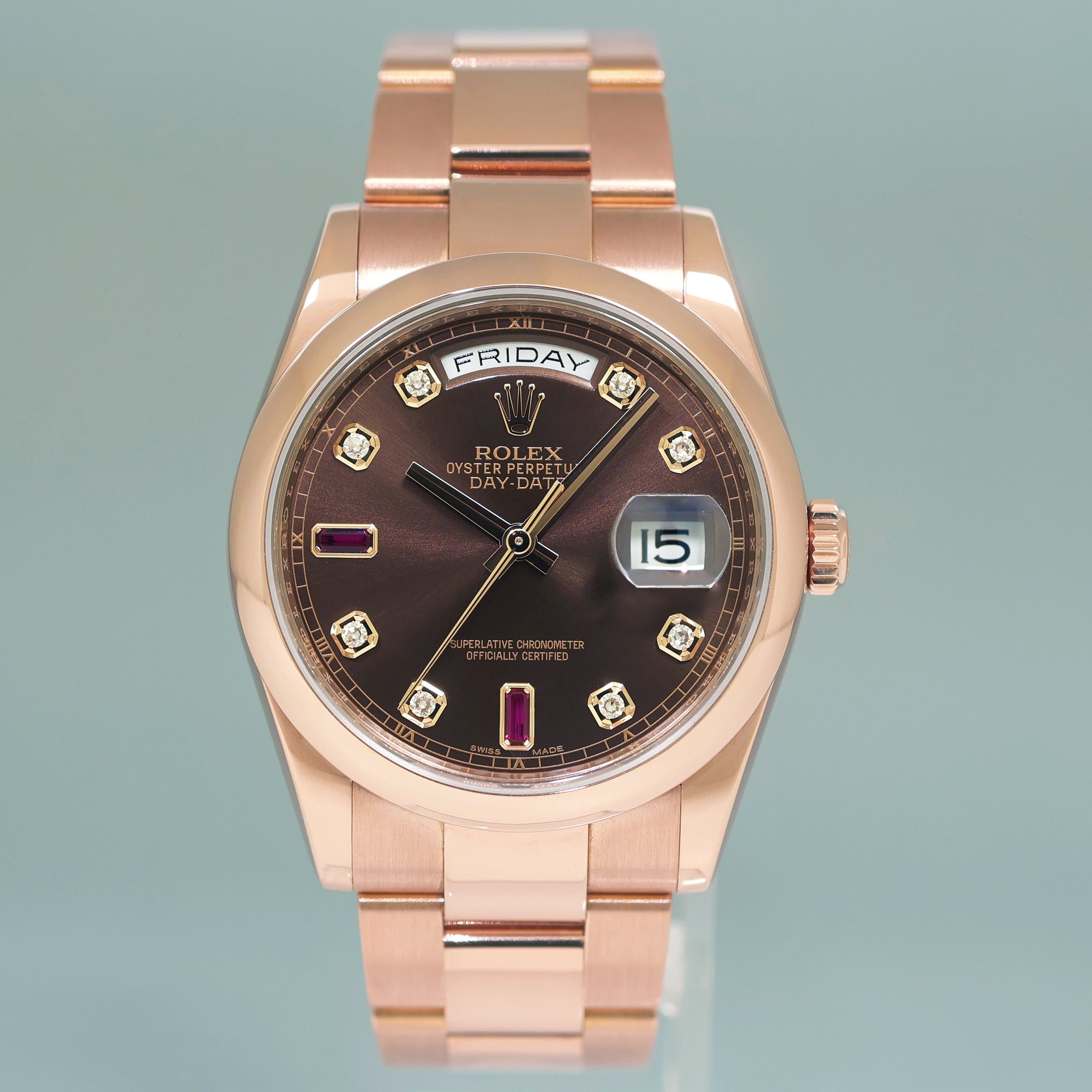 2015 MINT Rolex President Day Date Rose Gold 118205 Chocolate Ruby Diamond Watch