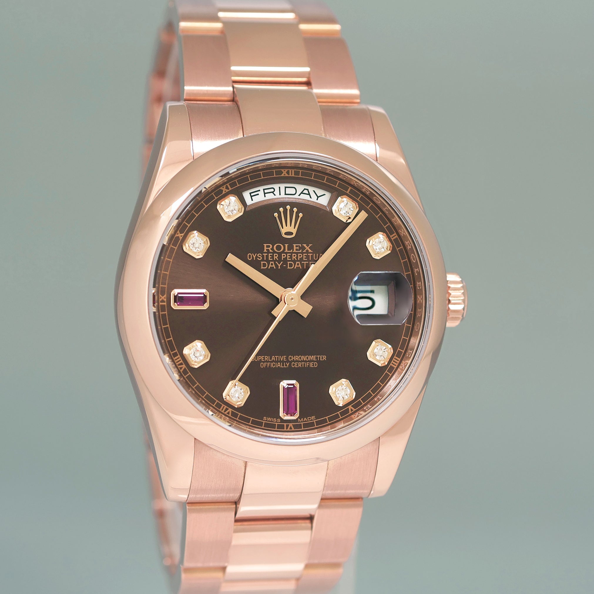 2015 MINT Rolex President Day Date Rose Gold 118205 Chocolate Ruby Diamond Watch