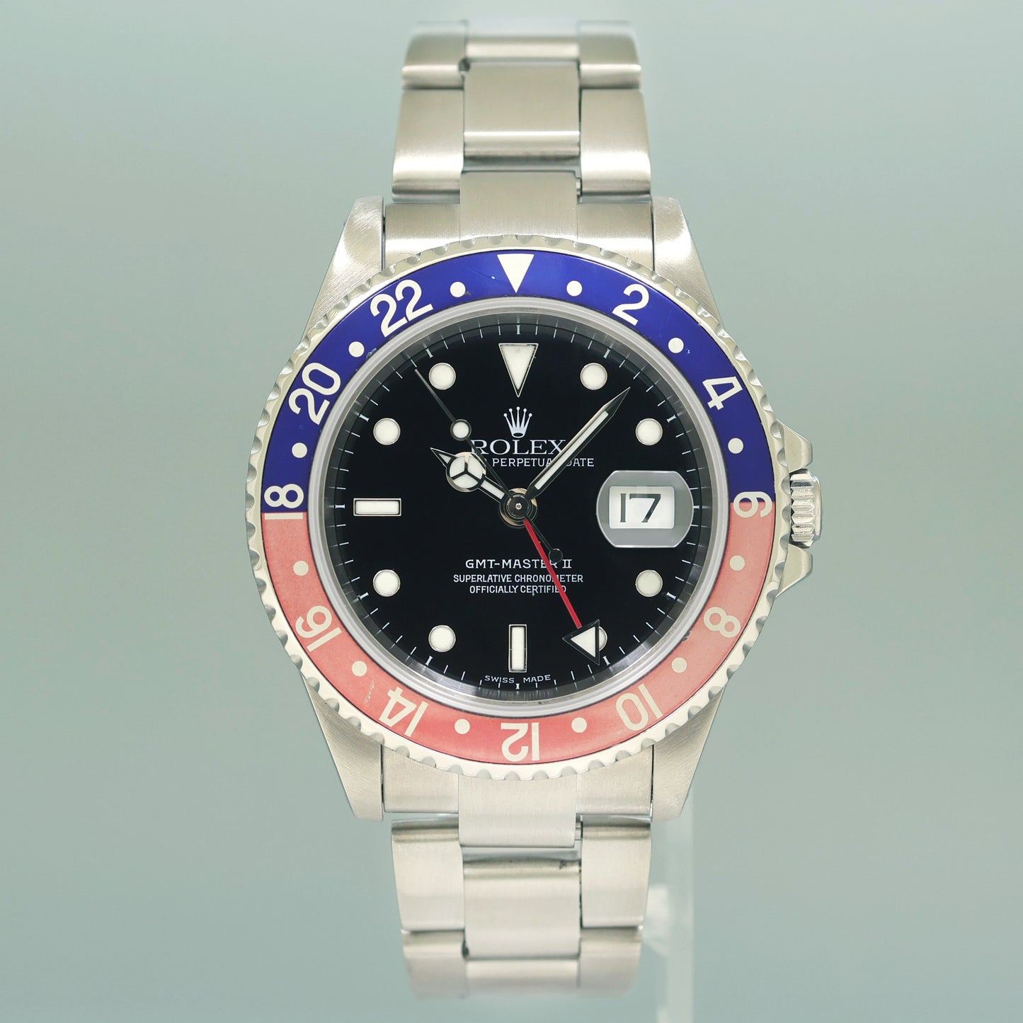 2002 Rolex GMT-Master II 2 Pepsi Blue Red Steel 16710 Watch Black Watch Box