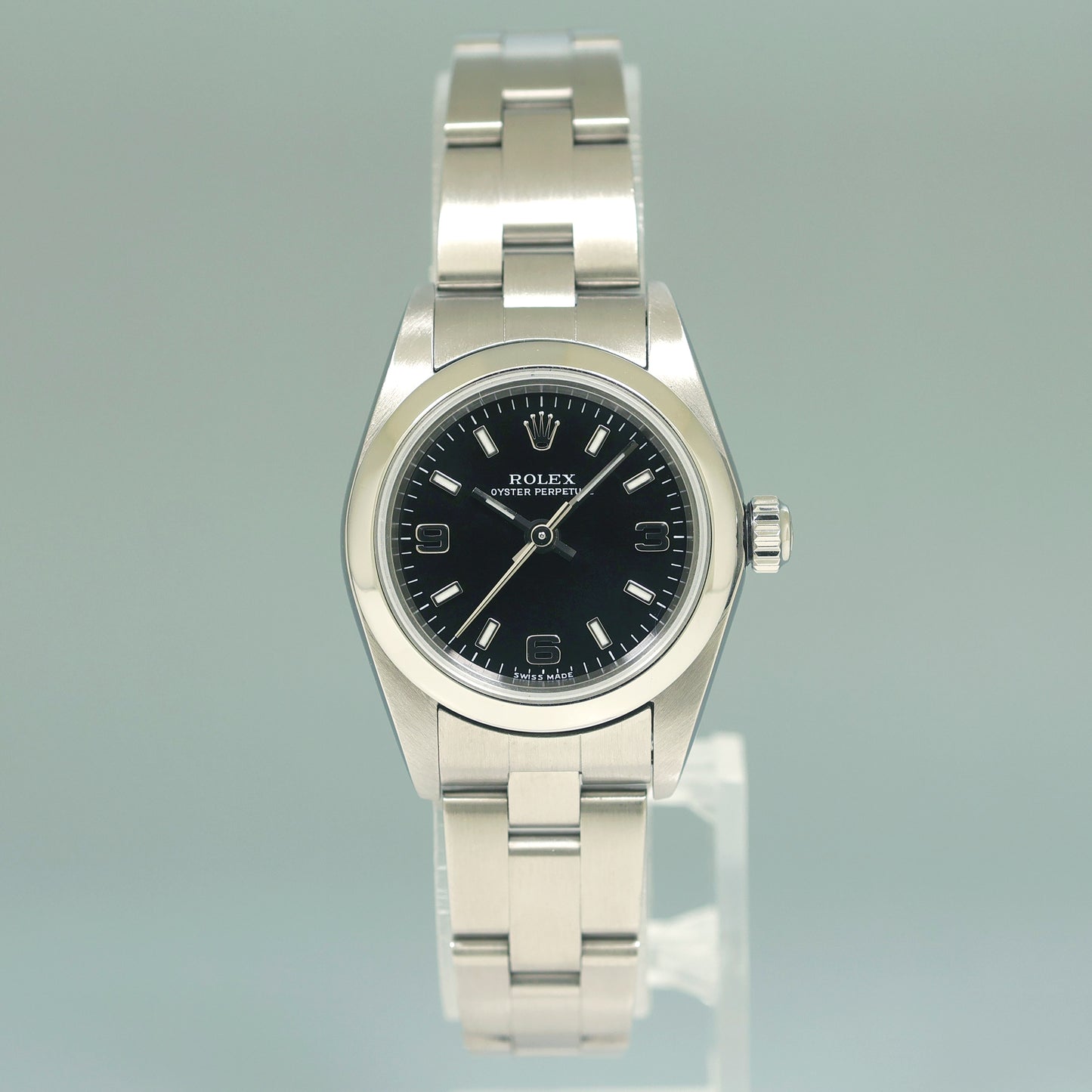 Ladies Rolex 24mm Steel 76080 Black Dial Oyster Perpetual Watch Box