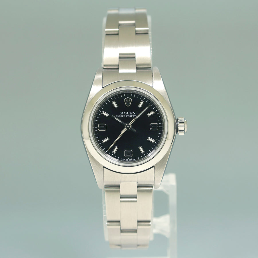 Ladies Rolex 24mm Steel 76080 Black Dial Oyster Perpetual Watch Box
