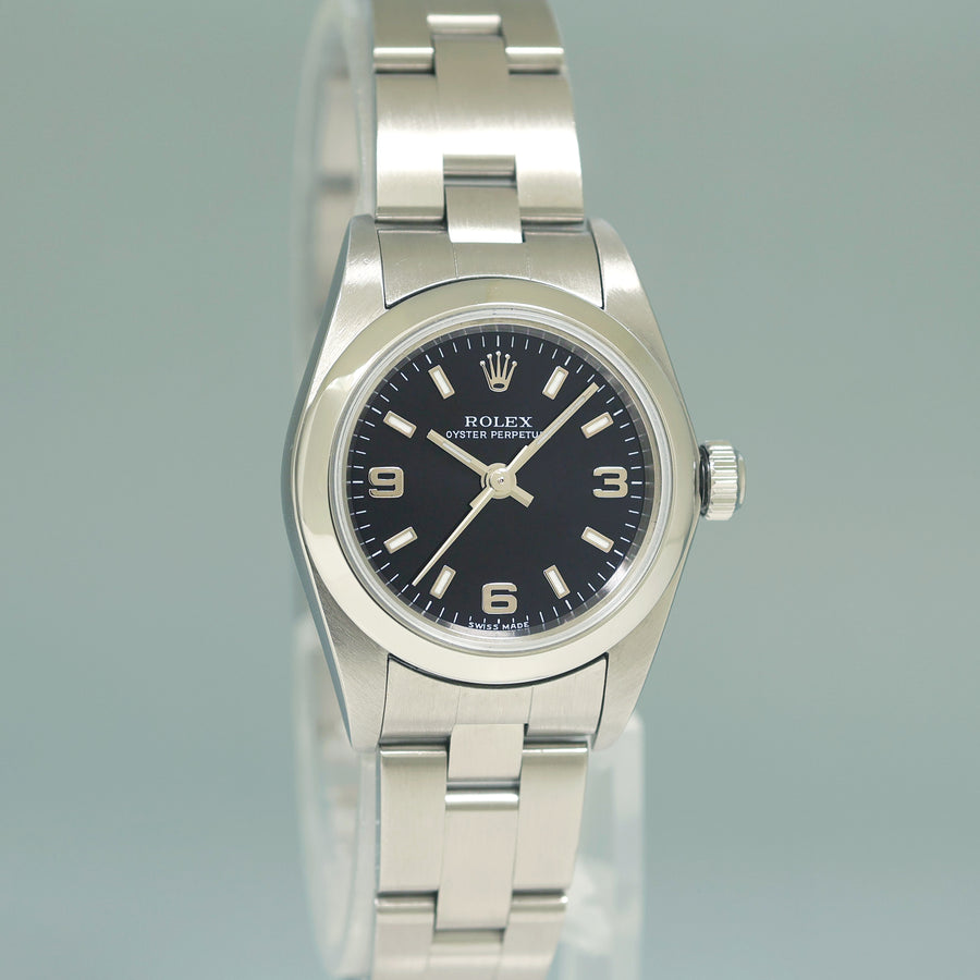 Ladies Rolex 24mm Steel 76080 Black Dial Oyster Perpetual Watch Box