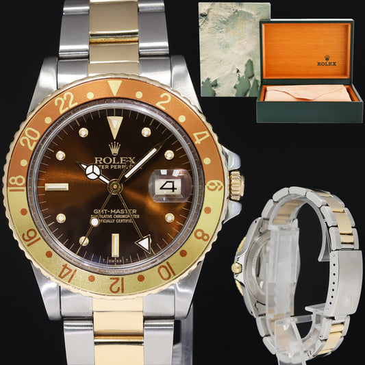 1984 Rolex GMT-Master 16753 Oyster Yellow Gold Two-Tone Root Beet Brown Nipple Watch