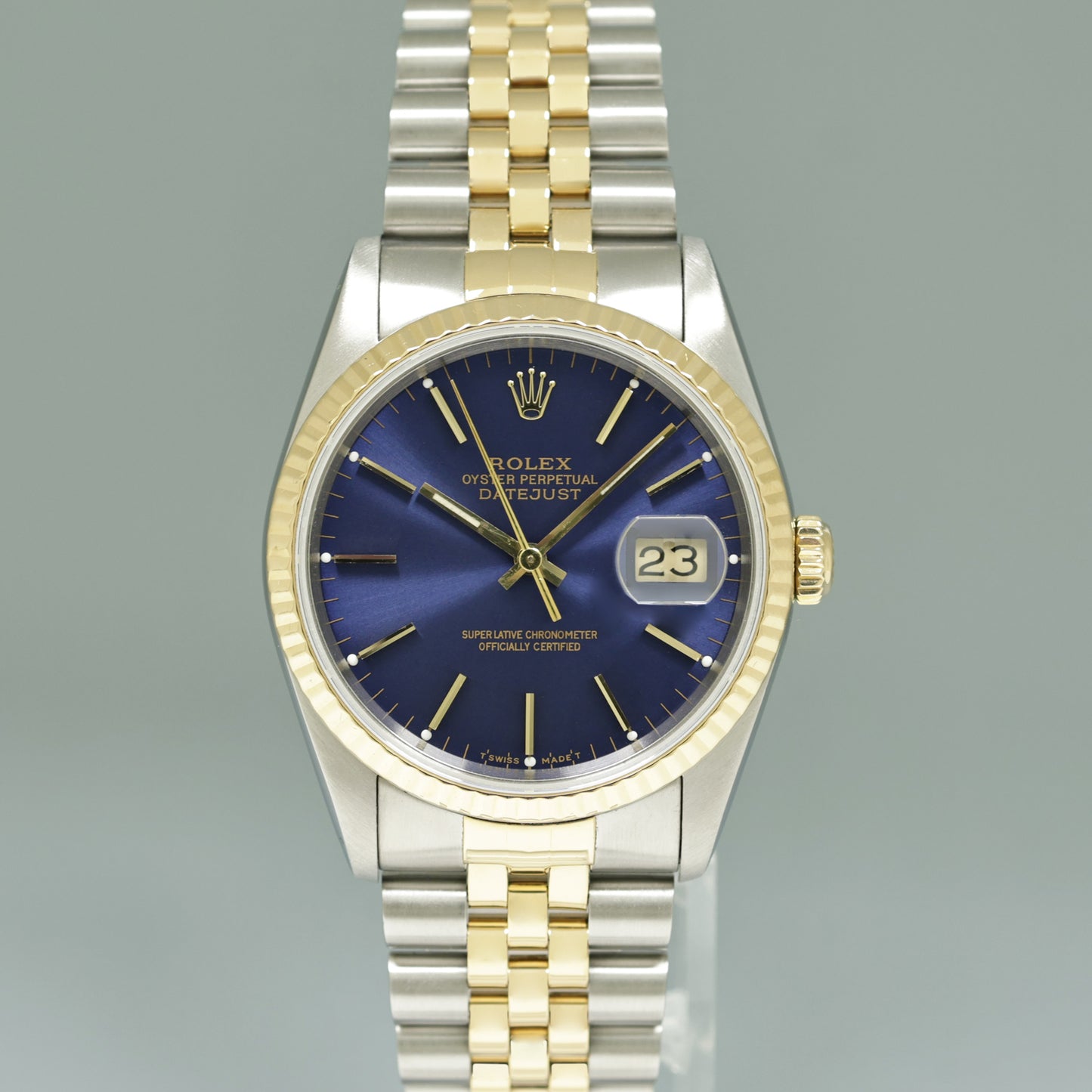 1991 PAPERS Rolex DateJust 16233 Two Tone Yellow Gold Jubilee Band Blue Fluted Watch